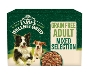 White background with a Grain Free multipack box of James Wellbeloved Mixed Adult Wet Food. The tin is green and cream with 2 dogs pictured, with text 'Grain Free Adult, Mixed Selection'.