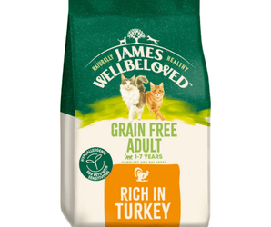 White background with a bag of James Wellbeloved Grain Free Turkey cat food. Packaging is green and cream with 2 cats pictured, with text 'Grain Free Adult, 1-7years, Rich in Turkey'.