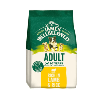 White background with a bag of James Wellbeloved Lamb & Rice Dog Food. Packaging is green and cream with 3 dogs pictured, with text 'Adult, Dog 1-7years, Lamb and Rice'.