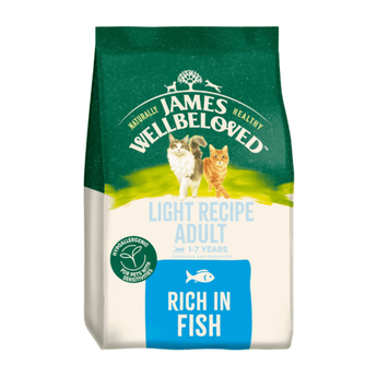 White background with a bag of James Wellbeloved Light Fish Cat Food. Packaging is green and cream with 2 cats pictured, with text 'Light Recipe Adult, 1-7years, Rich in Fish'.