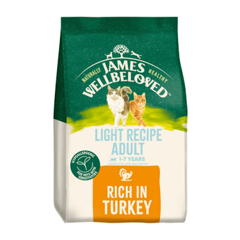 White background with a bag of James Wellbeloved Light Turkey Cat Food. Packaging is green and cream with 2 cats pictured, with text 'Light Recipe Adult, 1-7years, Rich in Turkey'.