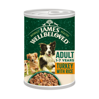 White background with a tin of James Wellbeloved Adult Dog Turkey flavoured wet food. The tin is green and cream with 3 puppies pictured, with text 'Adult 1-7 years, Turkey with Rice'.