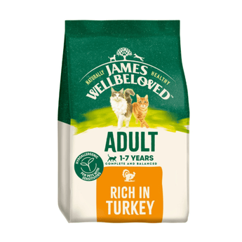 White background with a bag of James Wellbeloved Turkey Cat Food. Packaging is green and cream with 2 cats pictured, with text 'Adult, 1-7years, Rich in Turkey'.