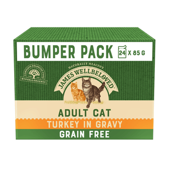 White background with a box of James Wellbeloved Turkey Adult Wet Food. The tin is green and cream with 2 cats pictured, with text BUMPER PACK 24X85G, Adult Cat, Turkey in Gravy and Grain Free'.