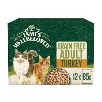 White background with a box of James Wellbeloved Turkey Adult Wet Food. The tin is green and cream with 2 cats pictured, with text 'Grain Free, Adult, Turkey 12x85g'.