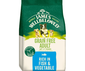 White background with a bag of James Wellbeloved Grain Free Fish & Vegetable Dog Food. Packaging is green and cream with 3 dogs pictured, with text 'Grain Free Adult, Dog 1-7 years, Rich in Fish and Vegetables'.