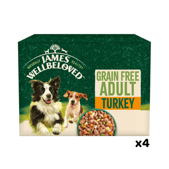 White background with a box of James Wellbeloved Grain Free Turkey Dog Wet Food. The box is green and cream with 2 adult dogs pictured on the box.