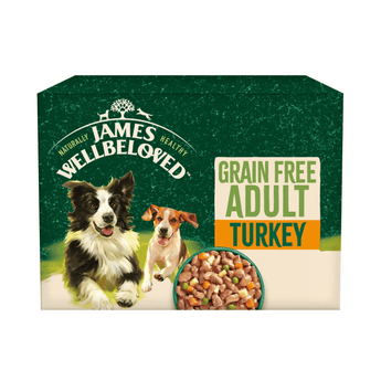White background with a box of James Wellbeloved Grain Free Turkey Dog Wet Food. The box is green and cream with 2 adult dogs pictured on the box.