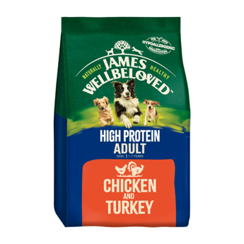 White background with a bag of James Wellbeloved High Protein Chicken & Turkey Dog Food. Packaging is blue and green with 3 dogs pictured, with text 'High Protein Adult, Dog 1-7years, Chicken and Turkey'.