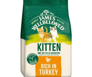 White background with a bag of James Wellbeloved Turkey Kitten Food. Packaging is green and cream with 2 kittens pictured, with text 'Kitten, Up to 12 months, Rich in Turkey'.