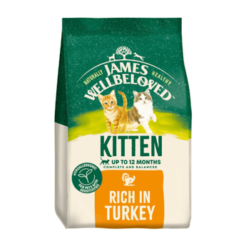 White background with a bag of James Wellbeloved Turkey Kitten Food. Packaging is green and cream with 2 kittens pictured, with text 'Kitten, Up to 12 months, Rich in Turkey'.