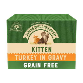 White background with a box of James Wellbeloved Turkey Kitten Wet Food. The tin is green and cream with 2 kittens pictured, with text 'Kitten, Turkey in Gravy, Grain Free'.