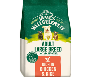 White background with a bag of James Wellbeloved Chicken & Rice Dog Food. Packaging is green and cream with 3 dogs pictured, with text 'Adult Large Breed, Dog 14+ months, Chicken and Rice'.
