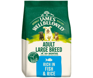 White background with a bag of James Wellbeloved Large Breed Fish & Rice Dog Food. Packaging is green and cream with large breed 3 dogs pictured, with text 'Adult Large Breed, Dog 14+ months, Rich in Fish and Rice'.