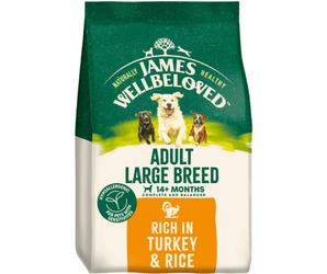 White background with a bag of James Wellbeloved Large Breed Turkey & Rice Dog Food. Packaging is green and cream with large breed 3 dogs pictured, with text 'Adult Large Breed, Dog 14+ months, Rich in Turkey and Rice'.
