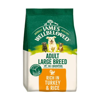 White background with a bag of James Wellbeloved Large Breed Turkey & Rice Dog Food. Packaging is green and cream with large breed 3 dogs pictured, with text 'Adult Large Breed, Dog 14+ months, Rich in Turkey and Rice'.