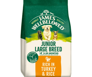 White background with a bag of James Wellbeloved Turkey & Rice Large Breed Junior Food. Packaging is green and cream with 3 puppies pictured, with text 'Junior Large Breed , 3 - 20 months, Rich in Turkey & Rice'.