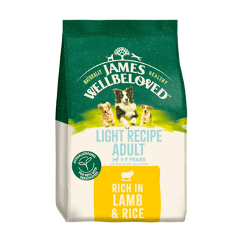 White background with a bag of James Wellbeloved Light Lamb & Rice Dog Food. Packaging is green and cream with 3 dogs pictured, with text 'Light Recipe Adult, 1-7years, Rich in Lamb & Rice'.