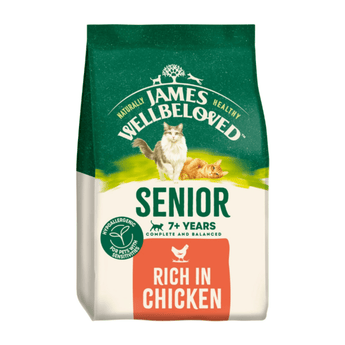 White background with a bag of James Wellbeloved Senior Chicken dry cat food. Packaging is green and cream with 2 cats pictured, with text 'Senior, 7+ years, Rich in Chicken'.