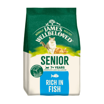 White background with a bag of James Wellbeloved Senior Fish dry cat food. Packaging is green and cream with 2 cats pictured, with text 'Senior, 7+ years, Rich in Fish'.
