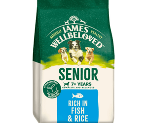 White background with a bag of James Wellbeloved Fish & Rice Senior Dog Food. Packaging is green and cream with 3 dogs pictured, with text 'Senior, 7+ years, Rich in Fish & Rice'.