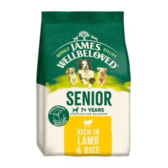 White background with a bag of James Wellbeloved Lamb & Rice Senior Dog Food. Packaging is green and cream with 3 dogs pictured, with text 'Senior, 7+ years, Rich in Lamb and Rice'.