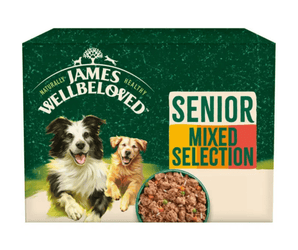 White background with a multipack box of James Wellbeloved Mixed Senior Wet Food. The tin is green and cream with 2 dogs pictured, with text 'Senior, Mixed Selection'.