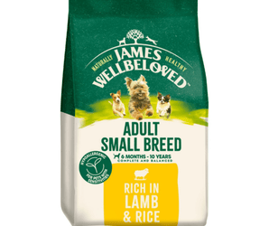 White background with a bag of James Wellbeloved Small Breed Lamb & Rice Dog Food. Packaging is green and cream with small breed 3 dogs pictured, with text 'Adult Small Breed, Dog 6 months - 10 years, Rich in Lamb and Rice'.