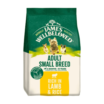 White background with a bag of James Wellbeloved Small Breed Lamb & Rice Dog Food. Packaging is green and cream with small breed 3 dogs pictured, with text 'Adult Small Breed, Dog 6 months - 10 years, Rich in Lamb and Rice'.