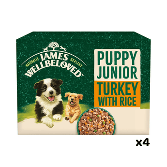 White background with a box of James Wellbeloved Turkey with Rice Puppy Wet Food. The box is green and cream with 2 puppies pictured on the box.
