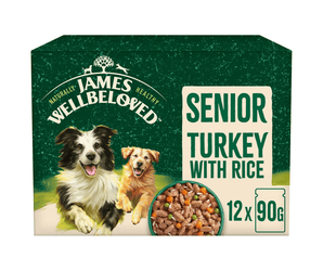 White background with a box of James Wellbeloved Turkey with Rice Senior Dog Wet Food. The box is green and cream with 2 adult dogs pictured on the box.