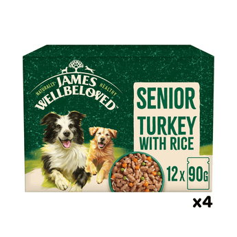 White background with a box of James Wellbeloved Turkey with Rice Senior Dog Wet Food. The box is green and cream with 2 adult dogs pictured on the box.