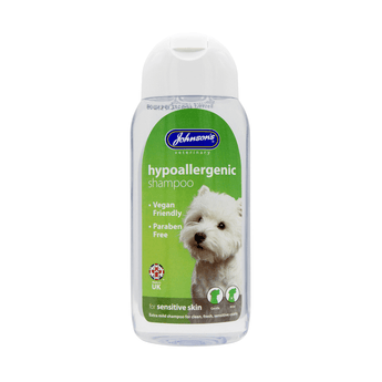 White background with a clear bottle of Johnson's Veterinary Hypoallergenic shampoo, on the bottle is a green label with a white Westland terrier and text saying 'Vegan friendly, Paraben free'.