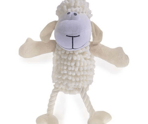 Front facing cream sheep dog toy with a white fabric face with with pom pom like eyes and stitched detail nose and mouth, micro fibre body, cream arms, white rope legs attached to cream feet pictured on a white background.
