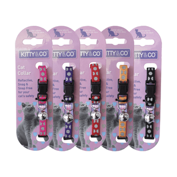 White background with five cat collars backed on lilac cardboard with text 'Kitty & Co, Cat Collar, Reflective, Snag, Snag free for your cat's safety' The sets are in pink, purple, red, orange and black.