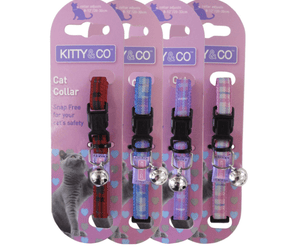 White background with four Tartan cat collars backed on lilac cardboard with text 'Kitty & Co, Cat Collar, Snag free for your cat's safety' The sets are in red, blue, purple and pink tartan.