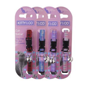 White background with four Tartan cat collars backed on lilac cardboard with text 'Kitty & Co, Cat Collar, Snag free for your cat's safety' The sets are in red, blue, purple and pink tartan.