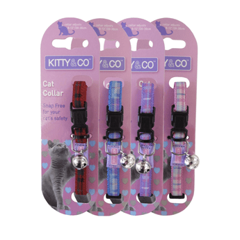 White background with four Tartan cat collars backed on lilac cardboard with text 'Kitty & Co, Cat Collar, Snag free for your cat's safety' The sets are in red, blue, purple and pink tartan.