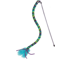 White background with a KONG Cat Curlz Teaser pictured. The teaser is blue, green and purple with blue feathers and purple twisted ribbons on the end.