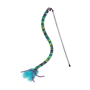 White background with a KONG Cat Curlz Teaser pictured. The teaser is blue, green and purple with blue feathers and purple twisted ribbons on the end.