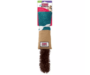 White background with a KONG Cat Kickeroo toy, which is half teal waffle fabric and half brown jute with a dark brown fluffy tail. The Kickeroo toy is attached to a cardboard backing.