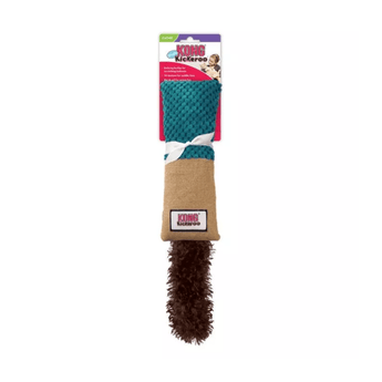 White background with a KONG Cat Kickeroo toy, which is half teal waffle fabric and half brown jute with a dark brown fluffy tail. The Kickeroo toy is attached to a cardboard backing.