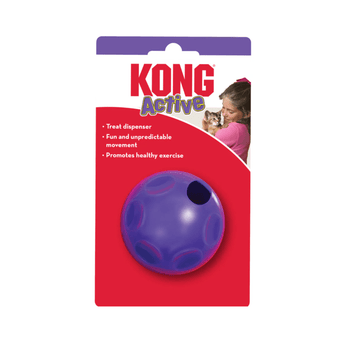 White background with a purple KONG Active Treat Ball for cats attached to a cardboard tag, pictured on the tag is a girl holding a kitten.