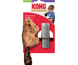 Brown faux fur beaver cat toy with black eyes and dark brown nose and and tail. Packaged on a backing card with a boy and kitten on with text 'KONG Refillables' and bullet points 'Premium Catnip, Refillable and Cuddly Fabric' in white text on a red background. All pictured on a white background.