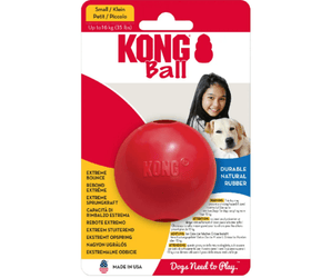 White background with a pack of one KONG Classic small dog ball, pictured on the pack is a girl holding a Labrador dog.