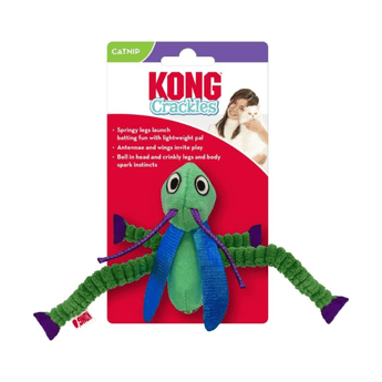 White background with a blue and green KONG Crackles Grasshopper cat toy, attached to a cardboard backing.