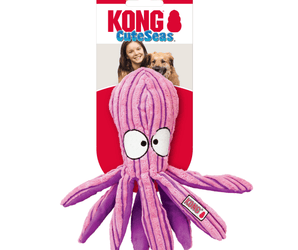 Pink stripy fabric Octopus Dog Toy with dark pink stripes and underside attached to a cardboard backing, pictured on a white background.