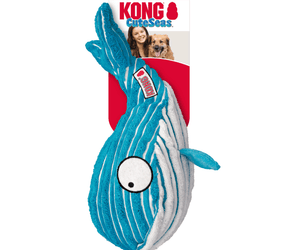 Blue and white stripy fabric Whale Dog Toy with white stripy underside attached to a cardboard backing, pictured on a white background.