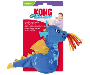 Blue plush dragon cat toy with yellow wings and spines, pale blue spots and belly with frame coloured wool threads from it's mouth. Packaged on a backing card with a woman and cat on with text 'KONG Enchanted Dragon' and bullet points 'Crackle sound sparks hunting instincts, Lightweight soft toy ideal for batting and wings, flames, and tail entice grabbing' in white text on a red background. All pictured on a white background.