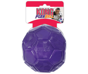 White background with a purple Medium/Large KONG FlexBall attached to a cardboard tag, pictured on the tag is a lady with a Golden Retriever.